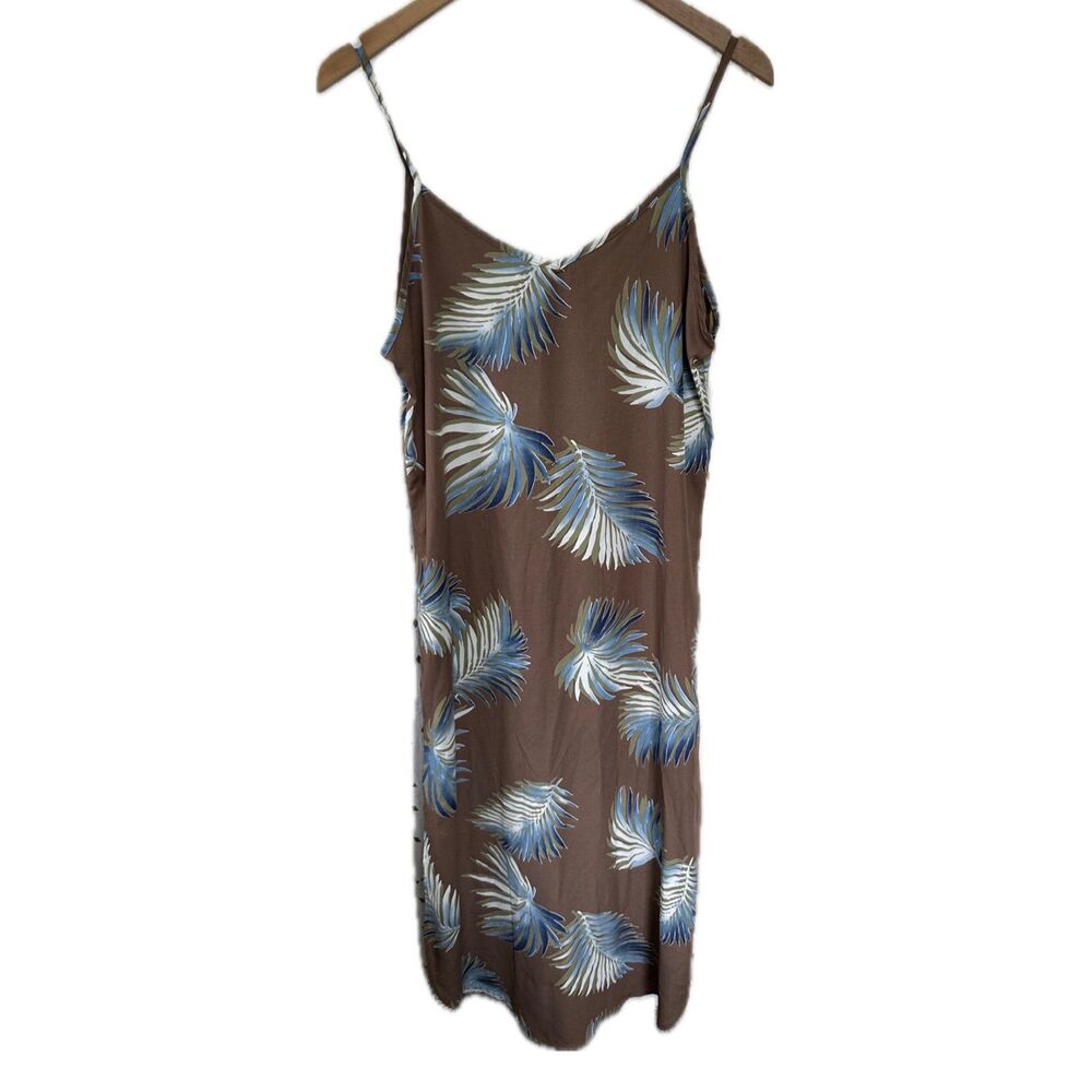 Papermoon Hawaiian Tropical Palm Leaves Mocha Midi Side Slits Slip Dress L